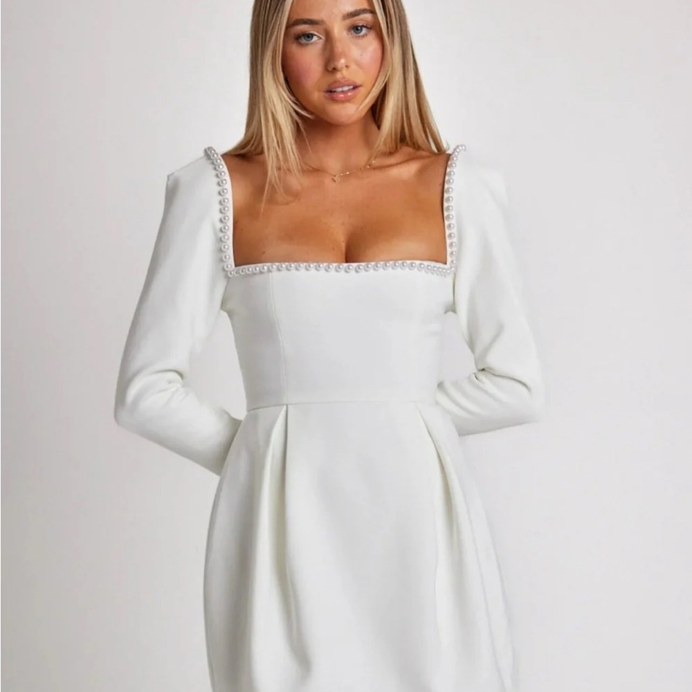 Elegant Bride White Dress with Pearl Detailing